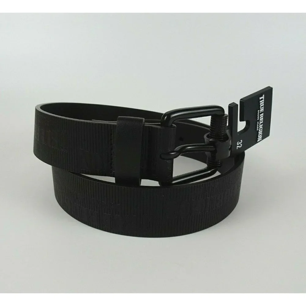 New TRUE RELIGION Men's Embossed Van Belt Matte Black Faux Leather Textured 32